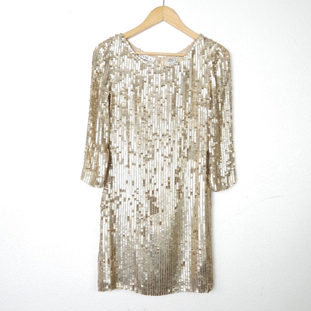 NWT Shail K Full Sequin Gold Cocktail Mini Dress 3/4 Sleeves 100% Silk Size 6